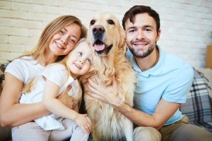 38889026 - modern family with dog looking at camera during home rest